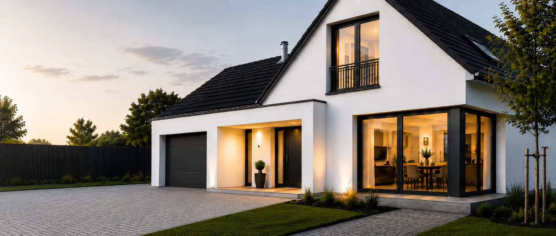 Modernes weißes Einfamilienhaus mit großen Fenstern und dunklem Dach